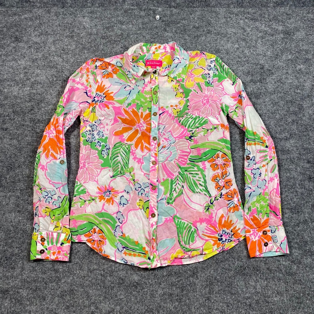 Lilly Pulitzer for Target Floral Button Down Shirt Pink Orange XS